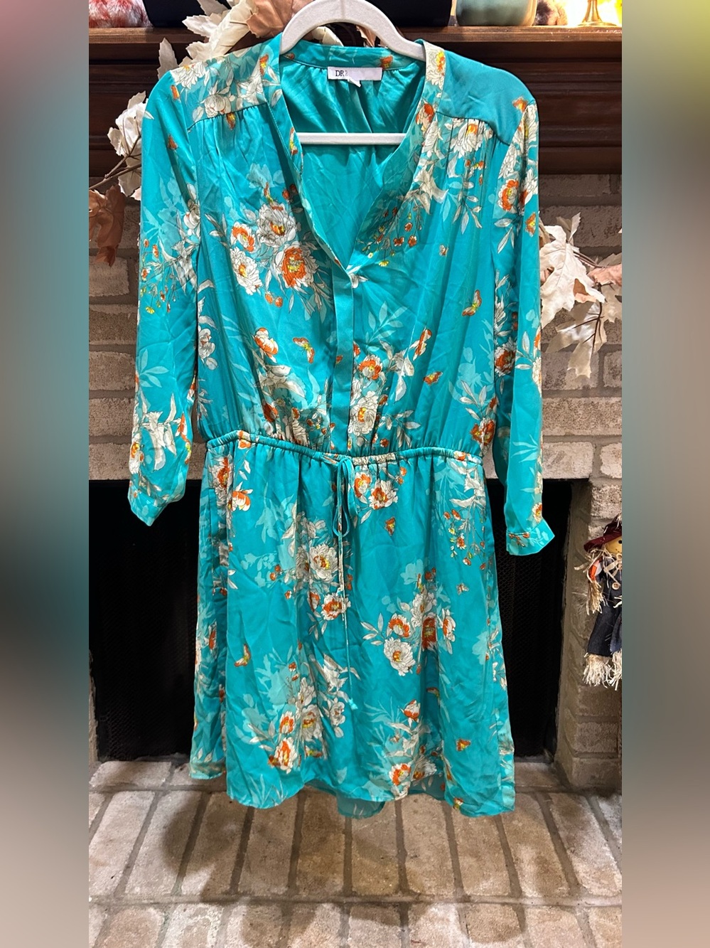 DR2 Teal Floral Long-Sleeve Tie-Waist Dress EUC